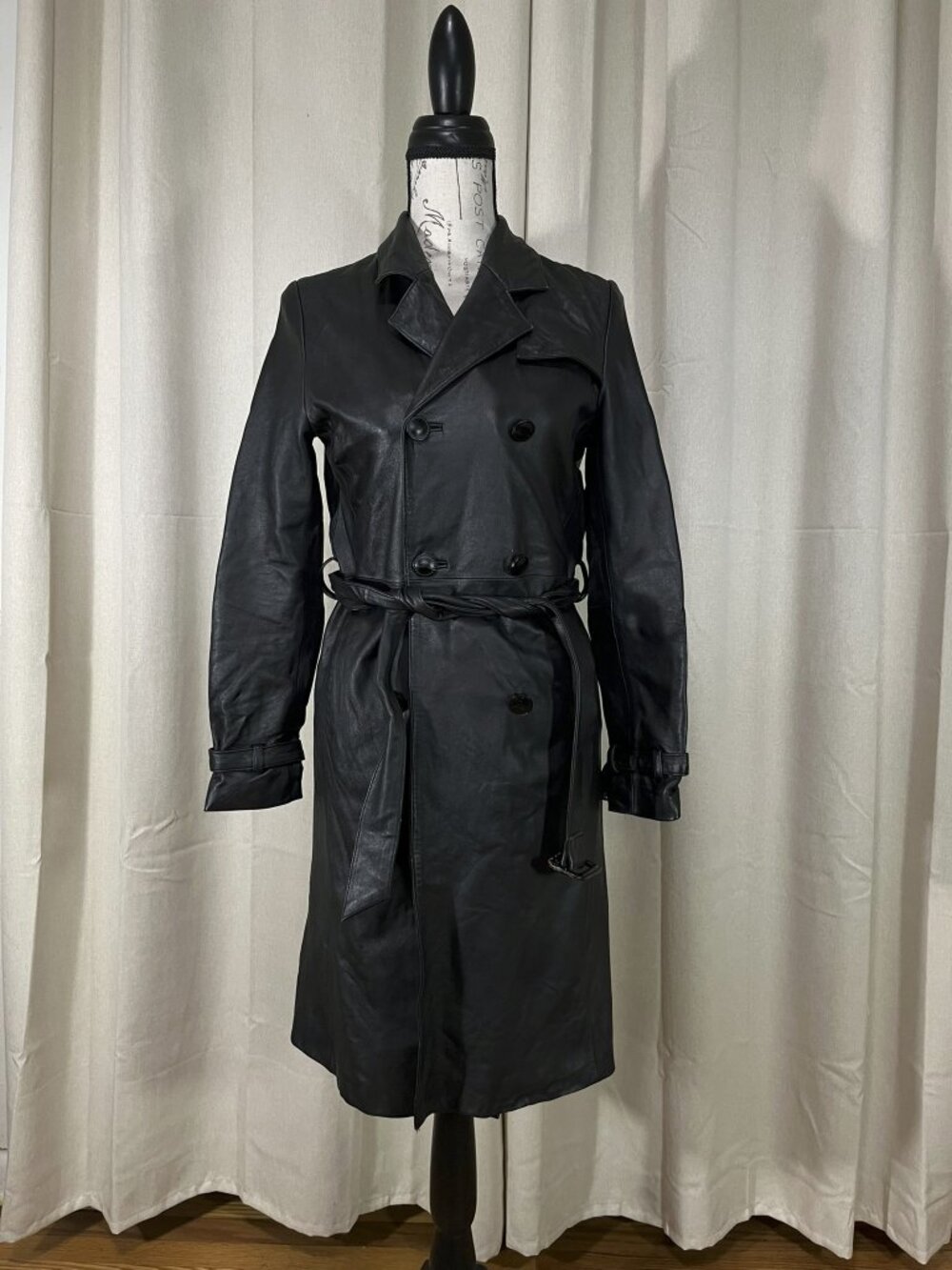 Rem Garson vintage Y2K black leather trench coat, size xs